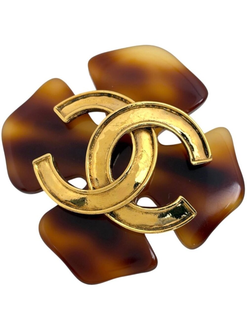 Chanel Brooch CC Logo Demi Pattern Plastic Gold Brown